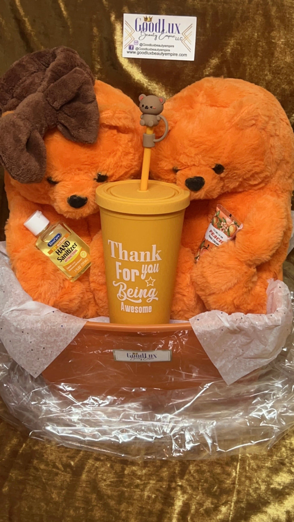 Orange Teddy Bear Slippers Thank You Gift Basket