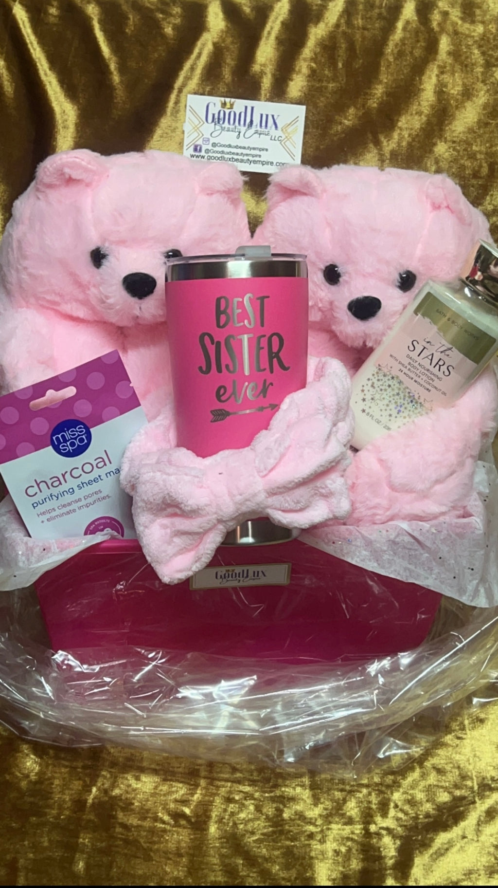 Pink Teddy Bear Slippers Gift Basket For Sister