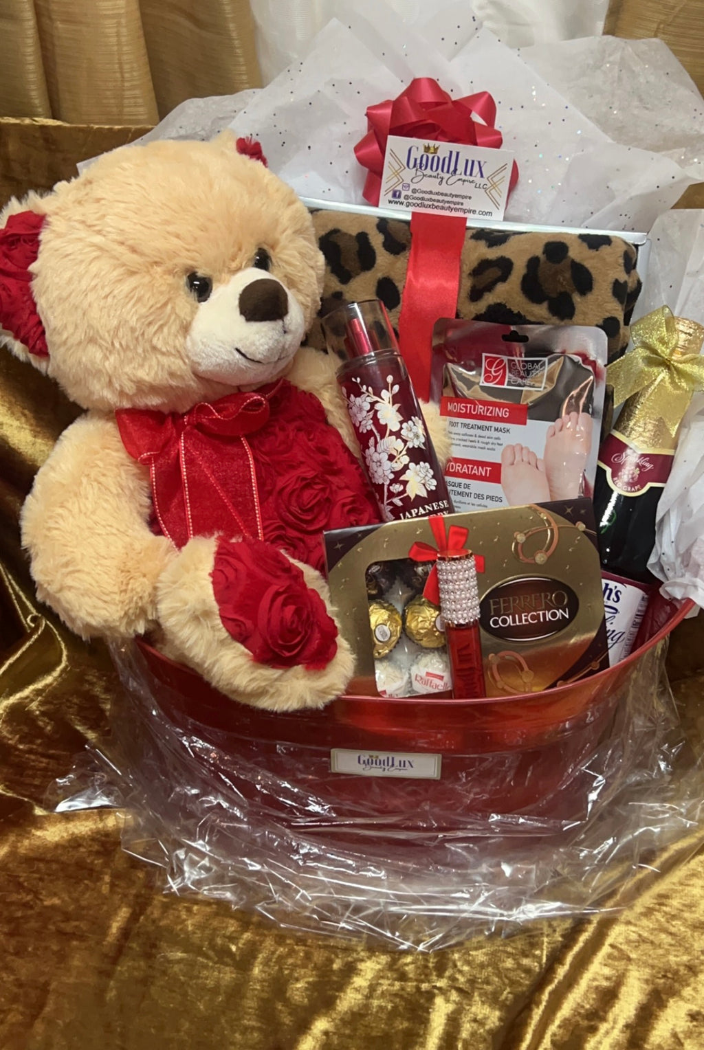 Red Rose Teddy Bear & Blanket Gift Basket