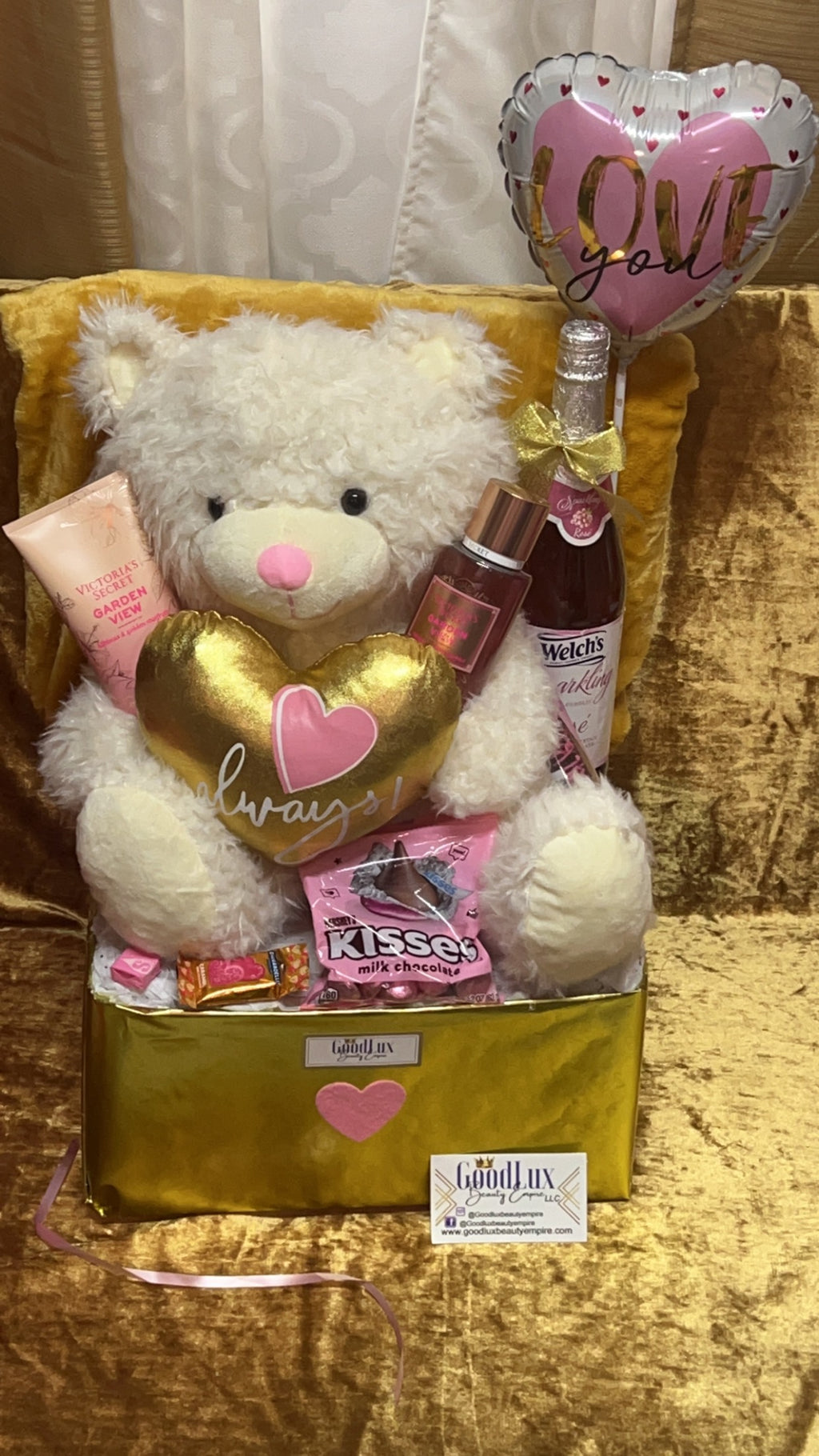 Pink and Gold Heart Bear Gift Basket